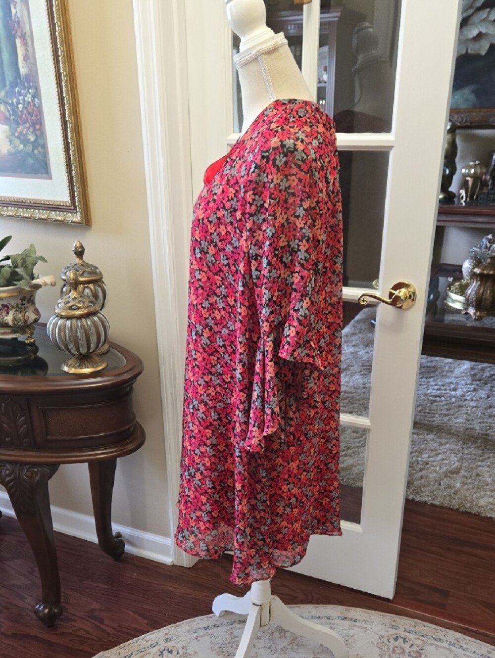 Calvin Klein Floral Red Pink Green Blue Dress Statement Sleeve Lined 16 EUC - Picture 4 of 8